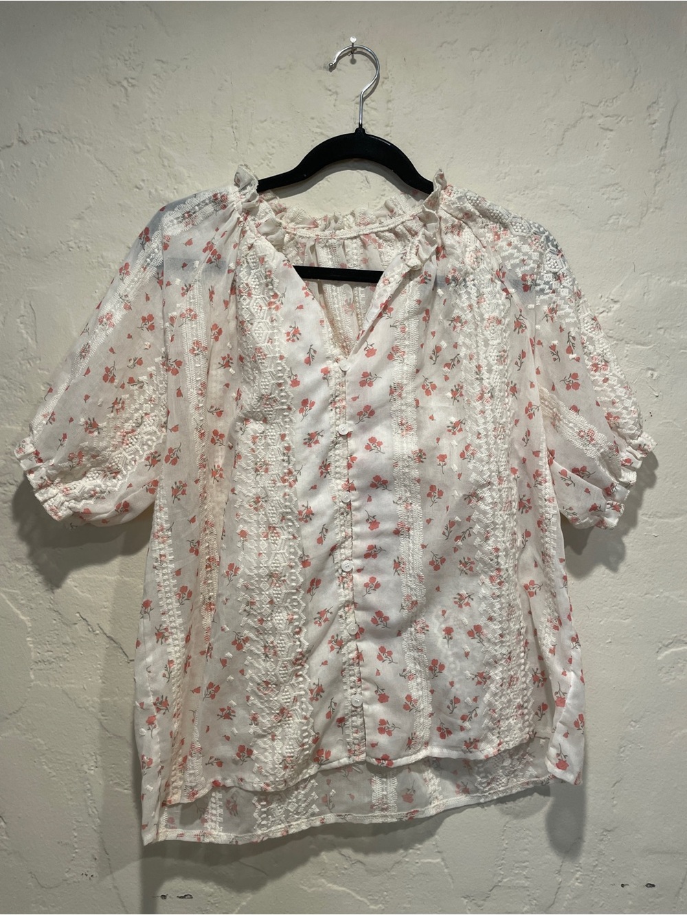 Floral Lace-Trim Puff Sleeve Button Down Blouse - Cream with Pink Floral, Large